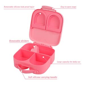 Portable Bento Boxes - Plastic Pink Lunch Box Daycare for Kids, Bento Snack Box for Toddlers Silicone Bento Box Travel Snack Containers for School, 4 Compartments Meal Prep Food Container kids (Pink)