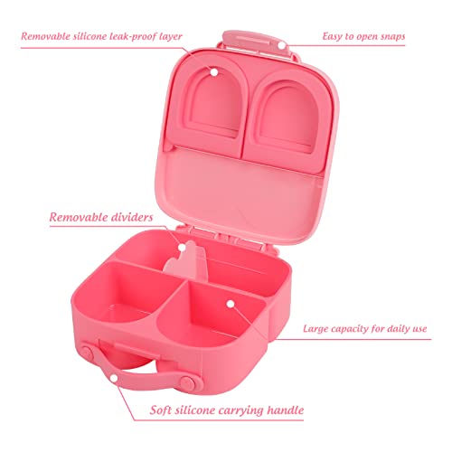 Portable Bento Boxes - Plastic Pink Lunch Box Daycare for Kids, Bento Snack Box for Toddlers Silicone Bento Box Travel Snack Containers for School, 4 Compartments Meal Prep Food Container kids (Pink)