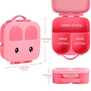 Portable Bento Boxes - Plastic Pink Lunch Box Daycare for Kids, Bento Snack Box for Toddlers Silicone Bento Box Travel Snack Containers for School, 4 Compartments Meal Prep Food Container kids (Pink)