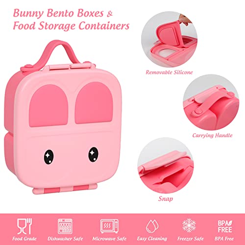 Portable Bento Boxes - Plastic Pink Lunch Box Daycare for Kids, Bento Snack Box for Toddlers Silicone Bento Box Travel Snack Containers for School, 4 Compartments Meal Prep Food Container kids (Pink)