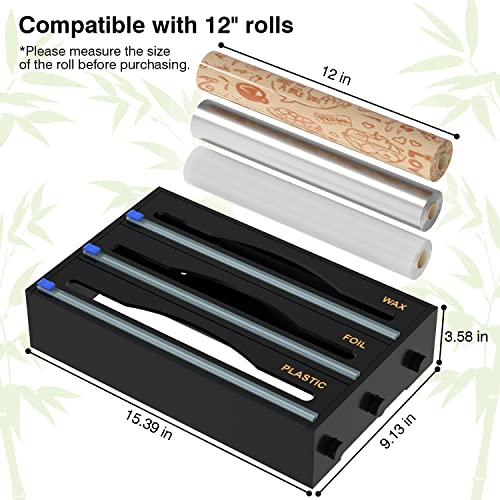 Foil and Plastic Wrap Organizer, 3 in 1 Plastic Wrap Dispenser with Cutter for Kitchen Drawer, Bamboo Roll Organizer Holder for Aluminum Foil and Wax Paper, Compatible with 12" Roll (Black)