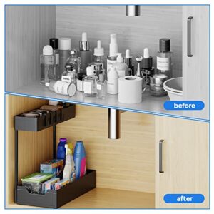 2 Pack Under Sink Organizers and Storage, UINOFLE 2 Tier Sliding Cabinet Organizer Drawer with 8 Hooks Adjustable Depth Pull Out Cabinet Organizer Multi-Purpose Organizer for Bathroom Kitchen (Black)