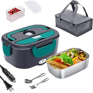 syftant1mu electric lunch box- 110v/12v/24v portable food heater for car/office/school, 1.5l stainless steel removable container, spoon and carry bag, 60w lunch box… (green 2)