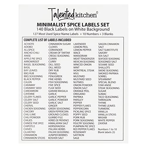 Talented Kitchen 140 Spice Labels Stickers, Preprinted White Minimalist Spice Jar Labels for Herbs Seasonings, Kitchen Spice Rack Pantry Organization, Black Text (Water Resistant)