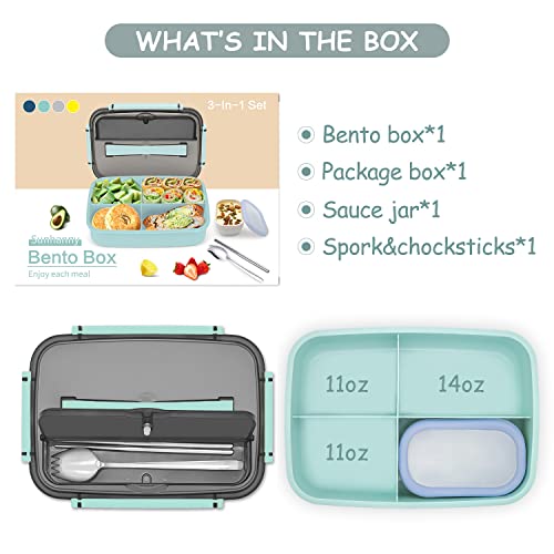 Sunhanny Bento Box Adult Lunch Box, Bento Lunch Box Containers, 50-oz Bento Box for Kids with Compartments, Sauce Container, Chopsticks and Spork, Green