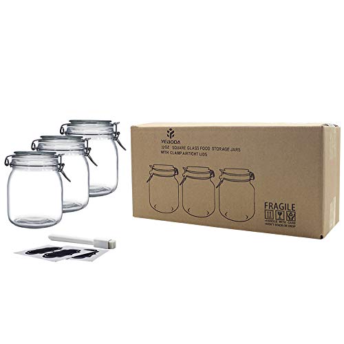 YEBODA 32oz Food Storage Canister Glass Jars with Clamp Airtight Lids and Silicone Gaskets for Multi-Purpose Kitchen Containers - Clear Square (3 Pack)