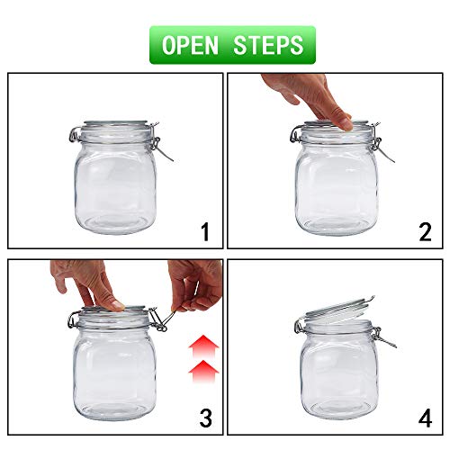 YEBODA 32oz Food Storage Canister Glass Jars with Clamp Airtight Lids and Silicone Gaskets for Multi-Purpose Kitchen Containers - Clear Square (3 Pack)