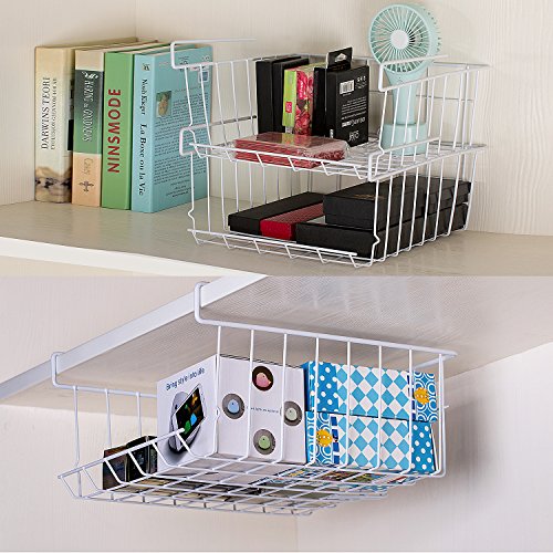 Lonian Stackable Hanging Basket, 2-Pack Under Shelf Hanging Metal Wire Storage Basket for Kitchen, Office, Pantry, Bathroom, Cabinet