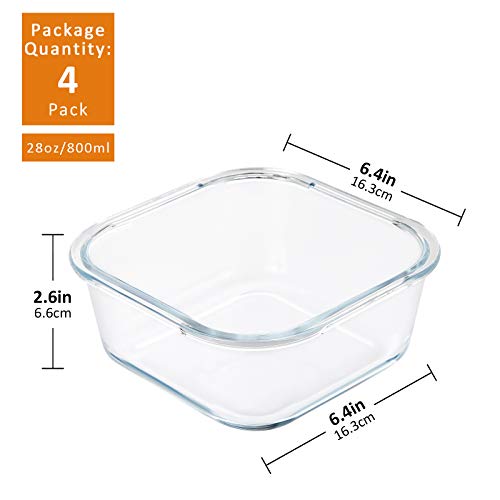 YEBODA Glass Food Storage Containers with Airtight Snap Locking Lids BPA Free Meal Prep Container Set For Home Kitchen Restaurant - Freezer, Microwave, Oven, Dishwasher Safe [28oz, 4 Pack]