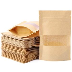 100pcs 3.5 x 5.5 inch kraft paper treat bags with window ziplock stand up pouches for food storage cookies snacks tea packing