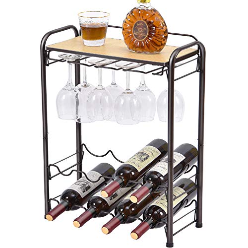 TOOLF 8 Bottle Wine Rack Freestanding Floor, Metal Wine Storage Shelf with Glasses Holder & Table Top, 4 Tier Wine Display Organiser, for Home Decor, Cellar, Bar, Countertop, Cabinet