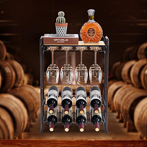 TOOLF 8 Bottle Wine Rack Freestanding Floor, Metal Wine Storage Shelf with Glasses Holder & Table Top, 4 Tier Wine Display Organiser, for Home Decor, Cellar, Bar, Countertop, Cabinet