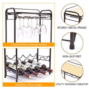 TOOLF 8 Bottle Wine Rack Freestanding Floor, Metal Wine Storage Shelf with Glasses Holder & Table Top, 4 Tier Wine Display Organiser, for Home Decor, Cellar, Bar, Countertop, Cabinet