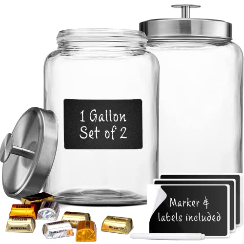 2 Large 1-Gallon Glass Canister Sets for Kitchen Counter with Stainless Steel Airtight Lids + Marker & Labels, Cookie Jar & Candy Jar for Buffet, Coffee & Flour Jars, Laundry Room Storage & Pantry