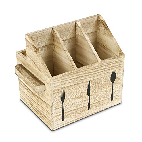 Ikee Design Wooden Utensil Holder Flatware Utensil Caddy with Handles - Silverware Holder for Spoons, Knives, Forks, Napkins for Restaurant and Kitchen