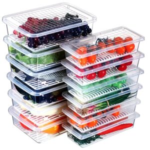 meanplan food storage containers for fridge plastic refrigerator organizers with removable drain plate and lid stackable produce containers to keep fruits, vegetables, meat (12 packs)