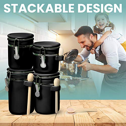 Home Intuition 4-Piece Ceramic Kitchen Canisters Set, Airtight Containers with Wooden Spoons Reusable Chalk Labels and Marker for Sugar, Coffee, Flour, Tea (Black)