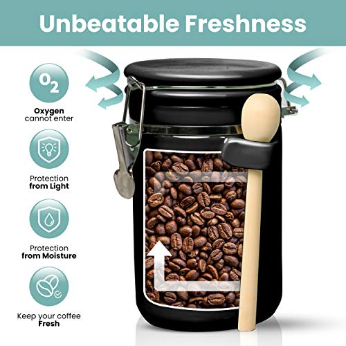 Home Intuition 4-Piece Ceramic Kitchen Canisters Set, Airtight Containers with Wooden Spoons Reusable Chalk Labels and Marker for Sugar, Coffee, Flour, Tea (Black)