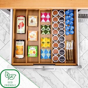 Seville Classics Bamboo Premium Organizer Storage Bins for Kitchen Silverware, Pantry, Closet, Office Desk, Pens, Utensils, Makeup, K Cup, Bamboo, Expandable Tray (5 Compartment)