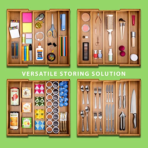 Seville Classics Bamboo Premium Organizer Storage Bins for Kitchen Silverware, Pantry, Closet, Office Desk, Pens, Utensils, Makeup, K Cup, Bamboo, Expandable Tray (5 Compartment)