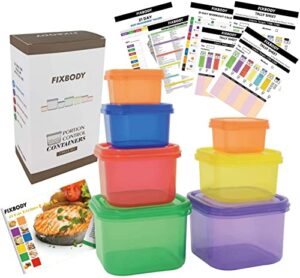 fixbody 7pcs portion control containers, color-coded labeled, 21 day lose weight system (use guide, 21 day tracker and recipe ebook include)