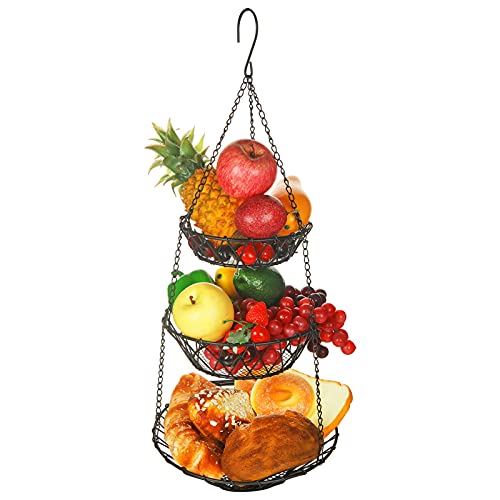 WILLIZTER 3 Tier Hanging Basket with Sturdy Metal Chain Hanging Hooks Fruit and Vegetable Basket Heavy Duty Wire Organizer Space Saving Rustic Country Style Kitchen Storage