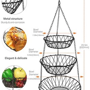 WILLIZTER 3 Tier Hanging Basket with Sturdy Metal Chain Hanging Hooks Fruit and Vegetable Basket Heavy Duty Wire Organizer Space Saving Rustic Country Style Kitchen Storage