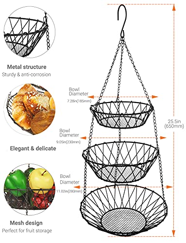 WILLIZTER 3 Tier Hanging Basket with Sturdy Metal Chain Hanging Hooks Fruit and Vegetable Basket Heavy Duty Wire Organizer Space Saving Rustic Country Style Kitchen Storage