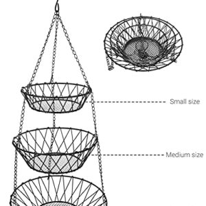 WILLIZTER 3 Tier Hanging Basket with Sturdy Metal Chain Hanging Hooks Fruit and Vegetable Basket Heavy Duty Wire Organizer Space Saving Rustic Country Style Kitchen Storage