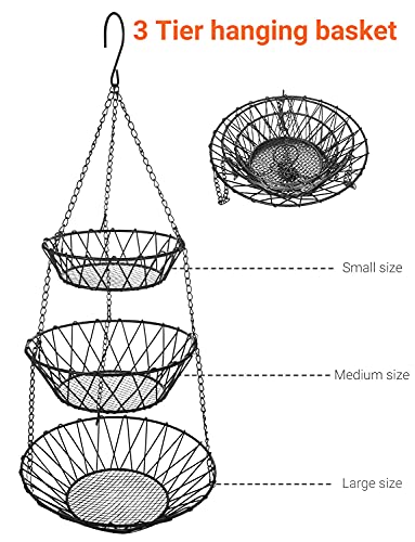 WILLIZTER 3 Tier Hanging Basket with Sturdy Metal Chain Hanging Hooks Fruit and Vegetable Basket Heavy Duty Wire Organizer Space Saving Rustic Country Style Kitchen Storage