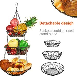 WILLIZTER 3 Tier Hanging Basket with Sturdy Metal Chain Hanging Hooks Fruit and Vegetable Basket Heavy Duty Wire Organizer Space Saving Rustic Country Style Kitchen Storage