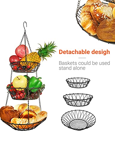 WILLIZTER 3 Tier Hanging Basket with Sturdy Metal Chain Hanging Hooks Fruit and Vegetable Basket Heavy Duty Wire Organizer Space Saving Rustic Country Style Kitchen Storage