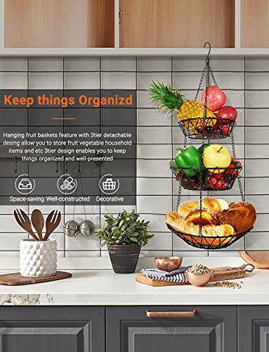 WILLIZTER 3 Tier Hanging Basket with Sturdy Metal Chain Hanging Hooks Fruit and Vegetable Basket Heavy Duty Wire Organizer Space Saving Rustic Country Style Kitchen Storage