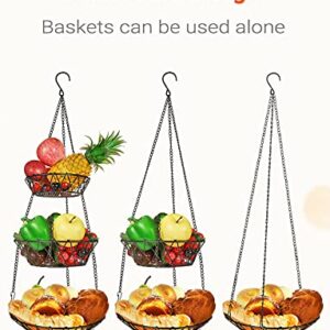 WILLIZTER 3 Tier Hanging Basket with Sturdy Metal Chain Hanging Hooks Fruit and Vegetable Basket Heavy Duty Wire Organizer Space Saving Rustic Country Style Kitchen Storage