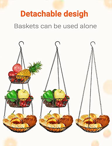 WILLIZTER 3 Tier Hanging Basket with Sturdy Metal Chain Hanging Hooks Fruit and Vegetable Basket Heavy Duty Wire Organizer Space Saving Rustic Country Style Kitchen Storage