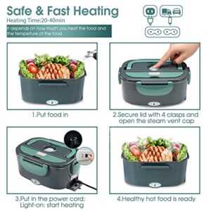 Electric Lunch Box Food Heater, Portable 60W Food Warmer Self Heating Lunch Box, 12V 24V 110V Heated Lunch Box for Car/Truck/Work–Leak Proof, 1.5L Removable 304 SS Container, Fork & Spoon & Carry Bag