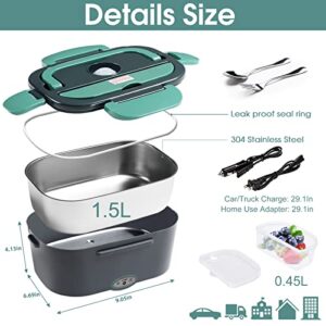 Electric Lunch Box Food Heater, Portable 60W Food Warmer Self Heating Lunch Box, 12V 24V 110V Heated Lunch Box for Car/Truck/Work–Leak Proof, 1.5L Removable 304 SS Container, Fork & Spoon & Carry Bag