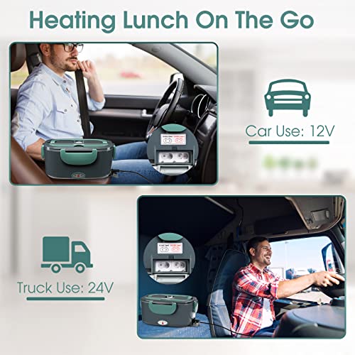 Electric Lunch Box Food Heater, Portable 60W Food Warmer Self Heating Lunch Box, 12V 24V 110V Heated Lunch Box for Car/Truck/Work–Leak Proof, 1.5L Removable 304 SS Container, Fork & Spoon & Carry Bag