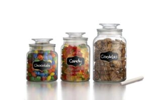 american atelier canister set 3-piece glass jars in 33oz, 44oz & 60oz chic retro w/ airtight lids, chalkboard, for cookies, candy, coffee, flour, sugar, rice, pasta, cereal & more, clear