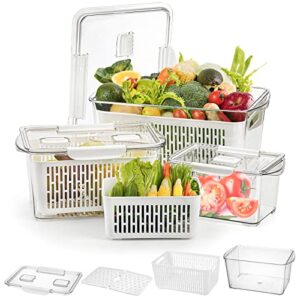 cedilis 3 pack plastic produce saver container, vegetable storage containers for refrigerator, fruit storage organizer bins with divider, fridge container box, white（not dishwasher safe