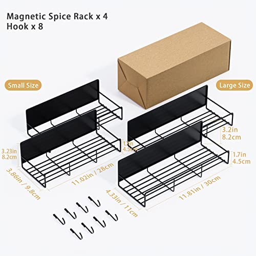 Lunememo Magnetic Spice Rack for Refrigerator - 8 Hooks - 4 Pack Magnetic Shelf Organizer for Fridge, Microwave Oven and Whiteboard - Space Saving Seasoning Rack for Small Kitchen, Black