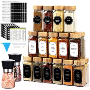 vivaive spice jars with labels,24 pcs 4oz glass spice jars with bamboo lid and 648 waterproof printed labels,2 salt and pepper grinder set,empty spice containers bottles for pantry,cabinet,drawer
