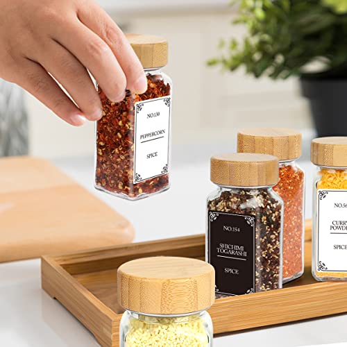 VIVAIVE Spice Jars with Labels,24 Pcs 4oz Glass Spice Jars with Bamboo Lid and 648 Waterproof Printed Labels,2 Salt and Pepper Grinder Set,Empty Spice Containers Bottles for Pantry,Cabinet,Drawer