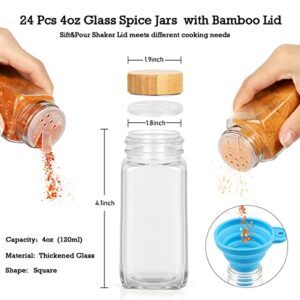 VIVAIVE Spice Jars with Labels,24 Pcs 4oz Glass Spice Jars with Bamboo Lid and 648 Waterproof Printed Labels,2 Salt and Pepper Grinder Set,Empty Spice Containers Bottles for Pantry,Cabinet,Drawer