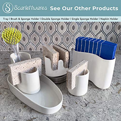 Scarlettwares Dish Sponge Scrub Brush Dish Wand Holder Kitchen Sink Caddy Ceramic White Dishwasher Safe Modern Farmhouse Elegant Sturdy No Rust