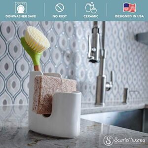 Scarlettwares Dish Sponge Scrub Brush Dish Wand Holder Kitchen Sink Caddy Ceramic White Dishwasher Safe Modern Farmhouse Elegant Sturdy No Rust