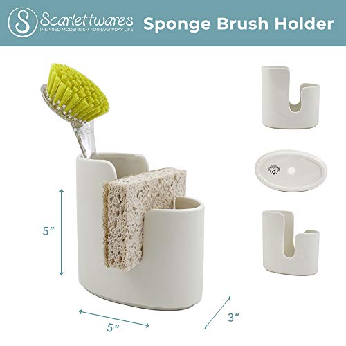 Scarlettwares Dish Sponge Scrub Brush Dish Wand Holder Kitchen Sink Caddy Ceramic White Dishwasher Safe Modern Farmhouse Elegant Sturdy No Rust