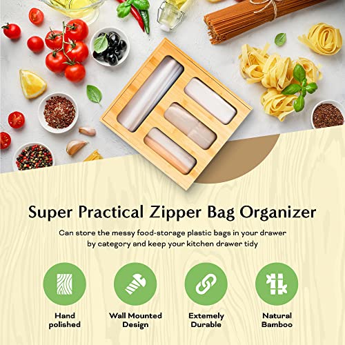 Umiboo Bamboo ziplock bag organizer for drawer | zip lock bag organizer | Ziploc bag organizer | storage bag organizer | sandwich baggie organizer for your kitchen drawer | plastic bag organizer