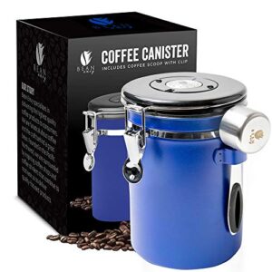 bean envy coffee canister – 22.5 oz coffee storage container and organizer w/ stainless steel scoop, date tracker & co2-release valve – essential coffee accessories, blue