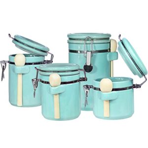 blue donuts 4-piece canister sets for kitchen counter – ceramic airtight food storage containers, kitchen canisters with 4 wooden spoons, set of 4-45 oz, 40 oz, 33 oz, 25 oz, turquoise